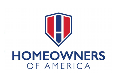 Homeowners of America logo: Blue shield with red stripes and a blue