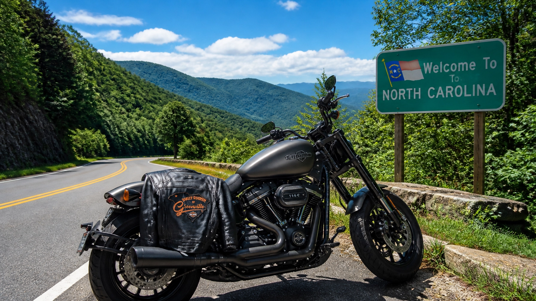 Black motorcycle parked by a “Welcome to North Carolina” sign on a mountain road.