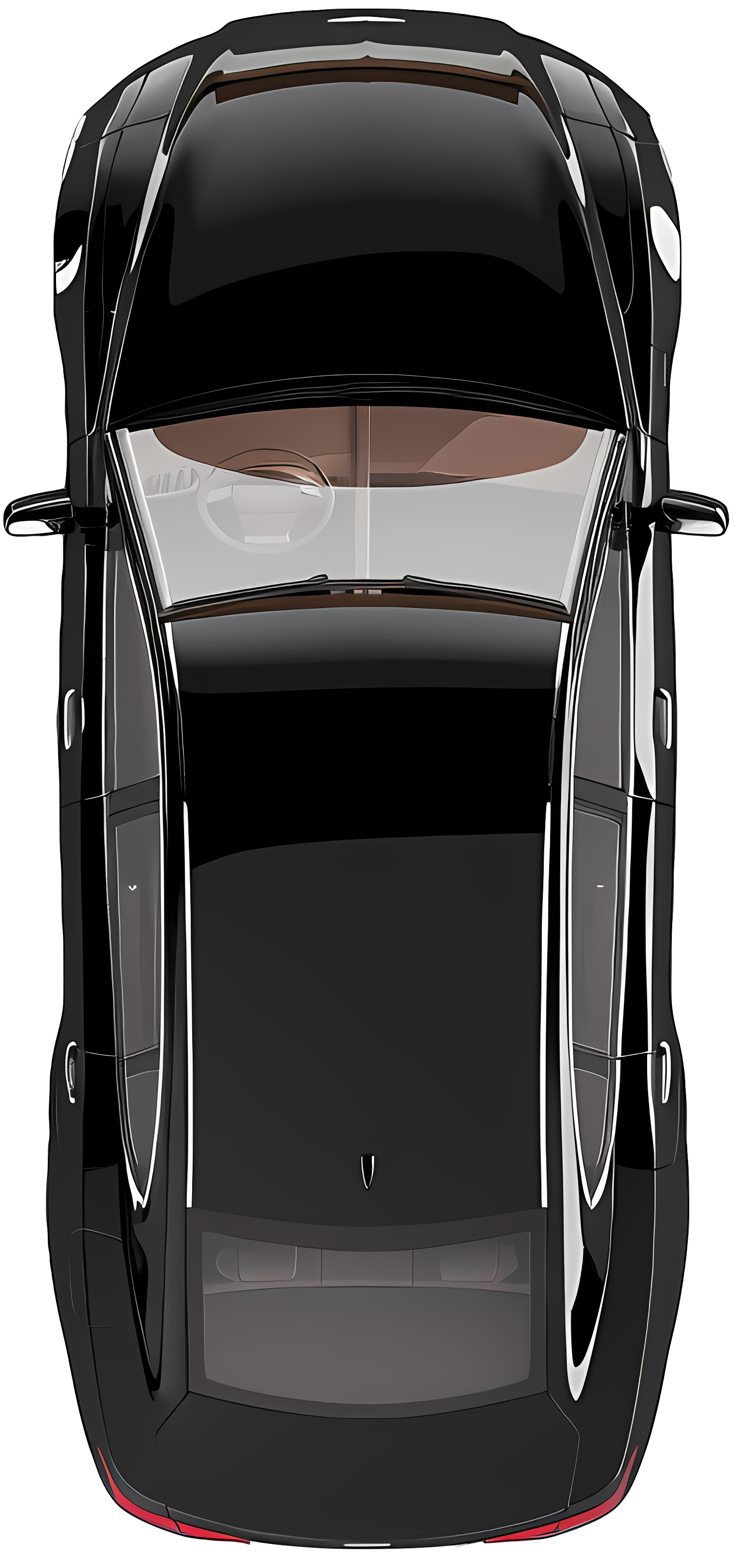 Overhead view of a black car, showing the roof, windows, and doors.