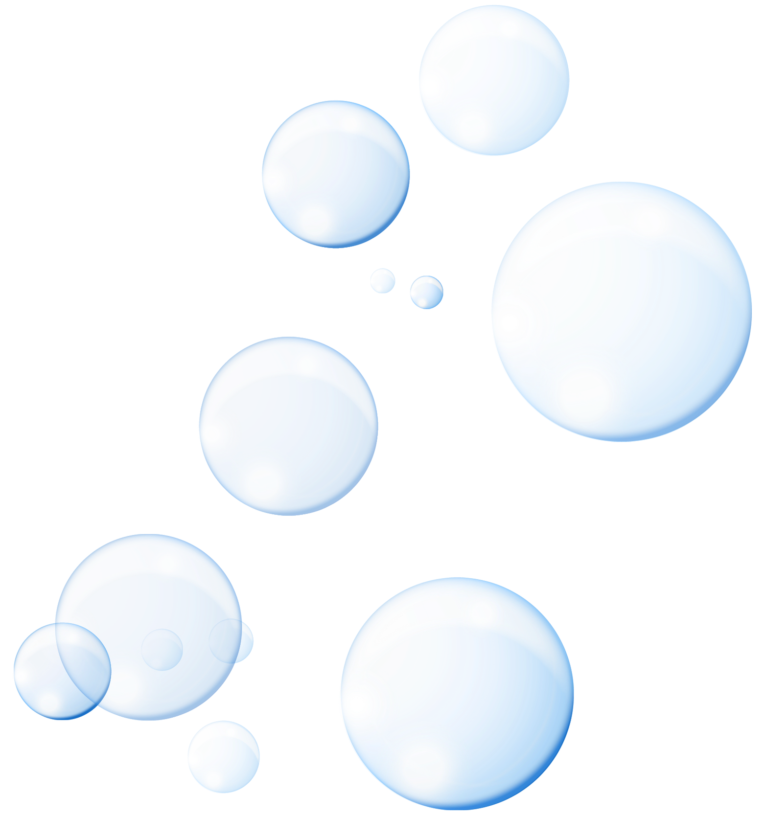 Blue, translucent bubbles of varying sizes float against a white background.