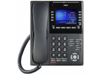 Black NEC business telephone with a display screen and numerical keypad.