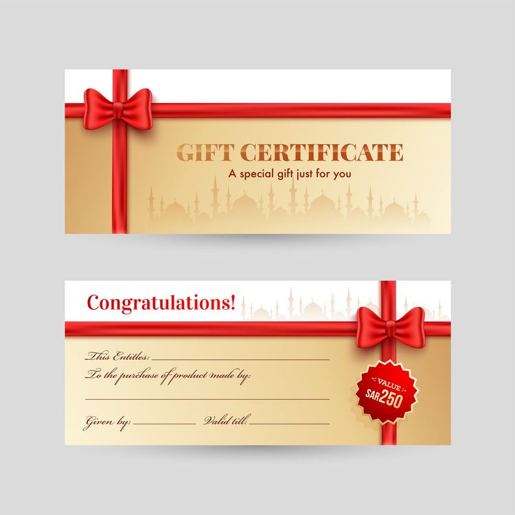 Red gift certificate with ribbon bow and festive red congratulatory voucher with seal