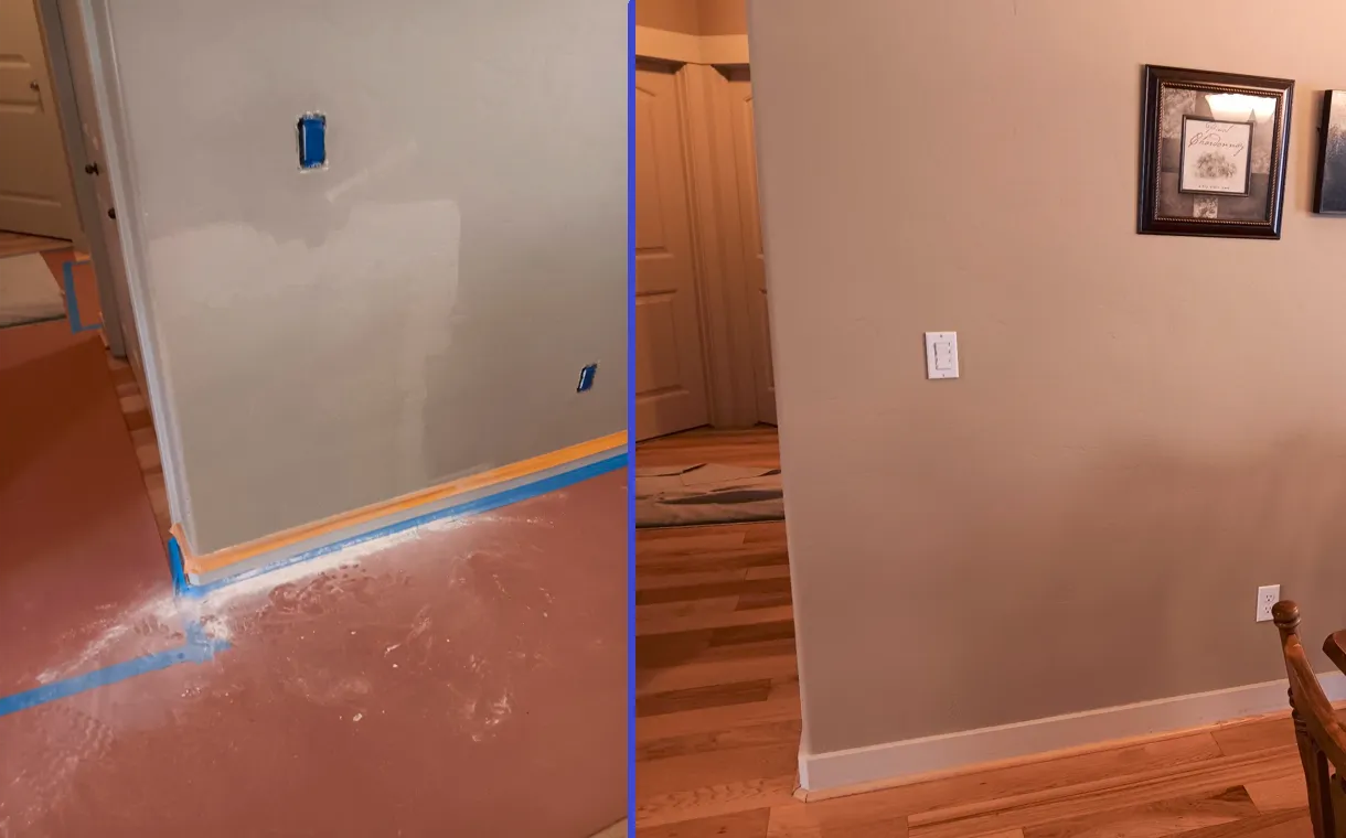 Two views of a room under renovation with beige walls, orange floor covering, and blue painter’s tape along the baseboards.