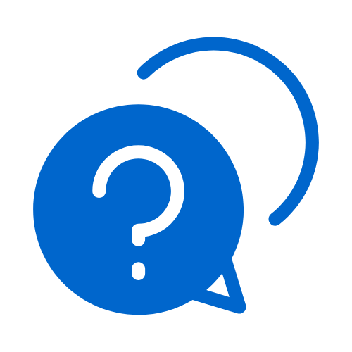 Blue chat bubble with a white question mark and an open circular arrow above it.