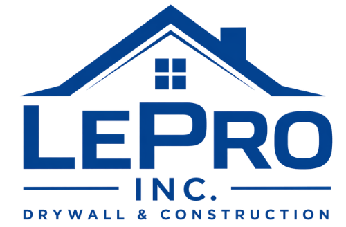 LEPRO Inc. logo with blue house roof, drywall & construction, est. 1984