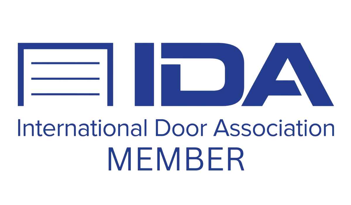 Logo for the International Door Association. Blue square with globe graphic. 