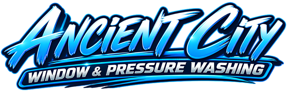 Ancient City Window & Pressure Washing logo in blue and white text on a light background