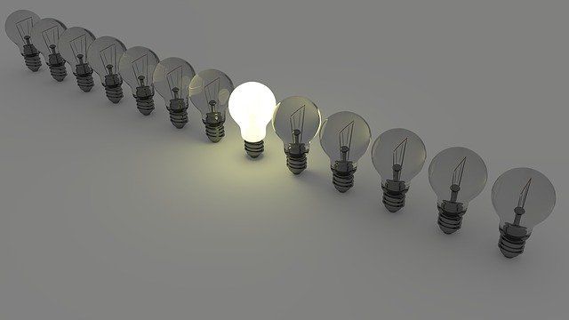 A line of lightbulbs where just one is on, symbolizing ways to determine if your business idea is profitable.