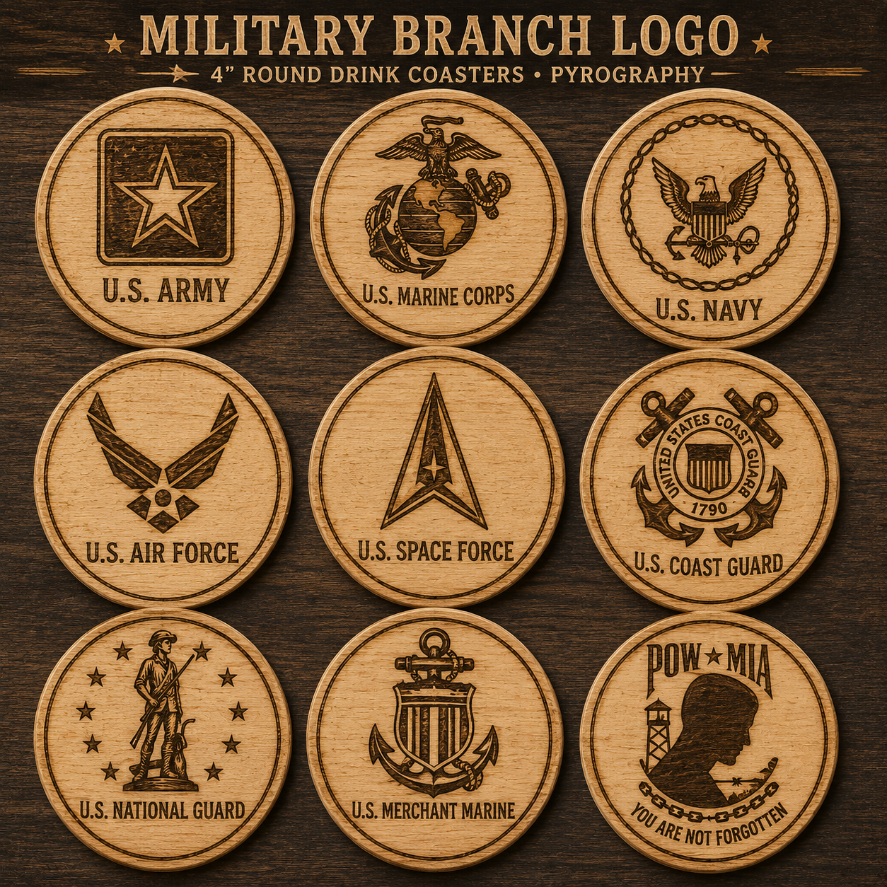 Military Branch Wood Coasters – Set of 4 (Mix & Match)