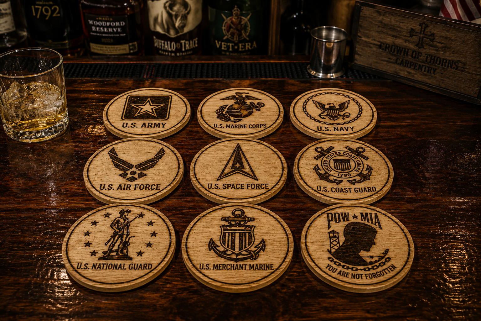 Military Branch Wood Coasters – Set of 4 (Mix & Match)