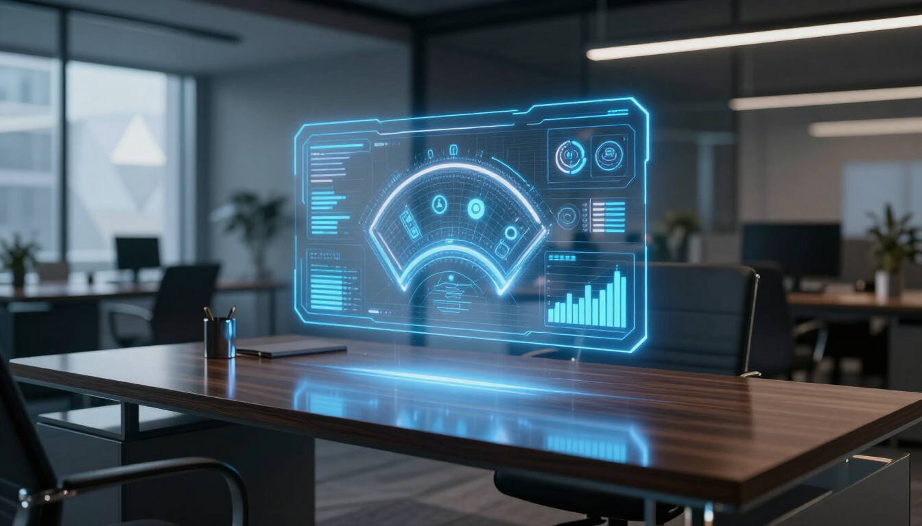 Futuristic office meeting room with a glowing blue holographic dashboard over a conference table