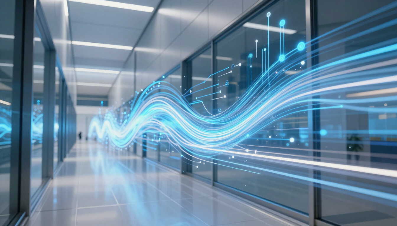 Glowing blue data wave streaming through a sleek glass office corridor