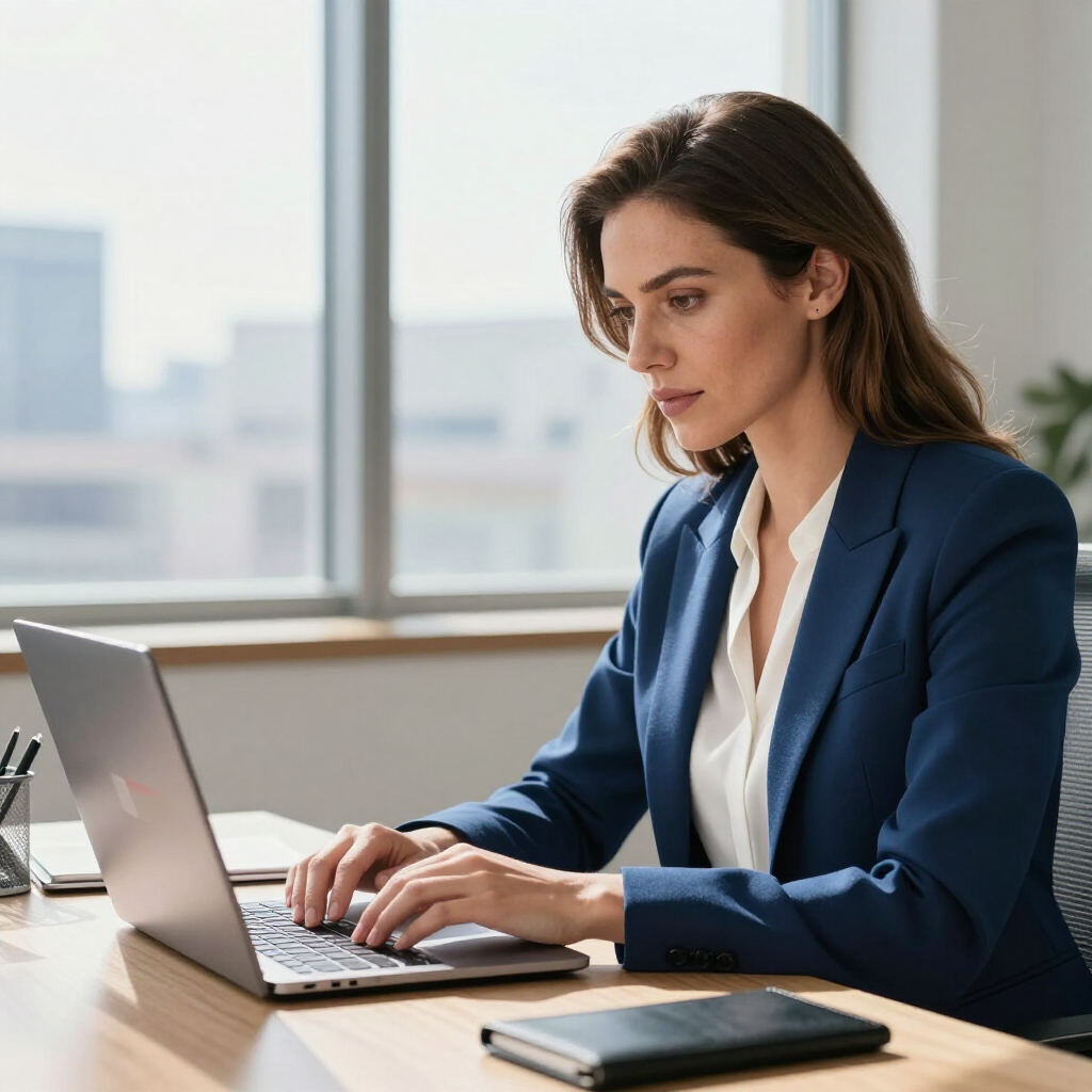 Woman in blue blazer typing on a laptop at a desk in a bright office