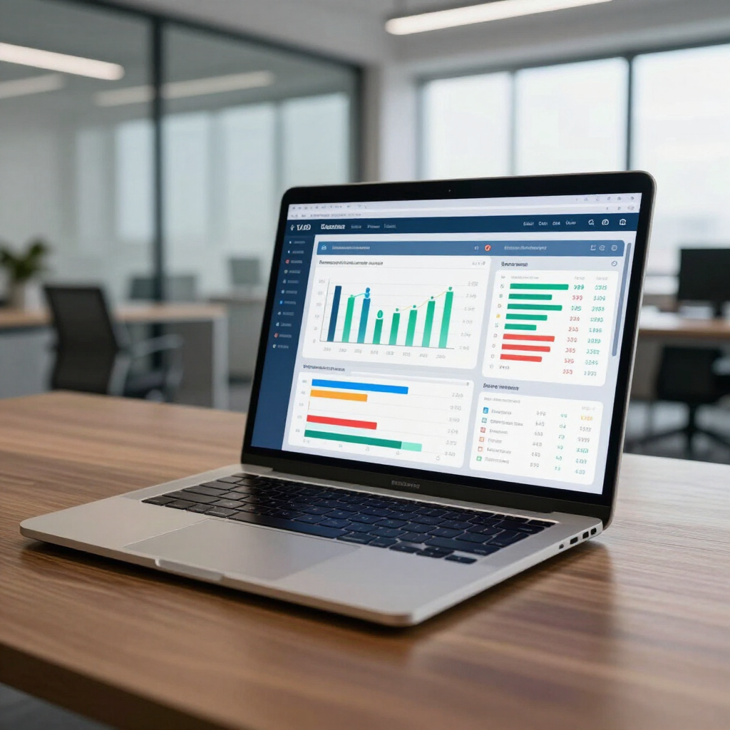 Laptop on a wooden desk showing a data analytics dashboard in an office setting