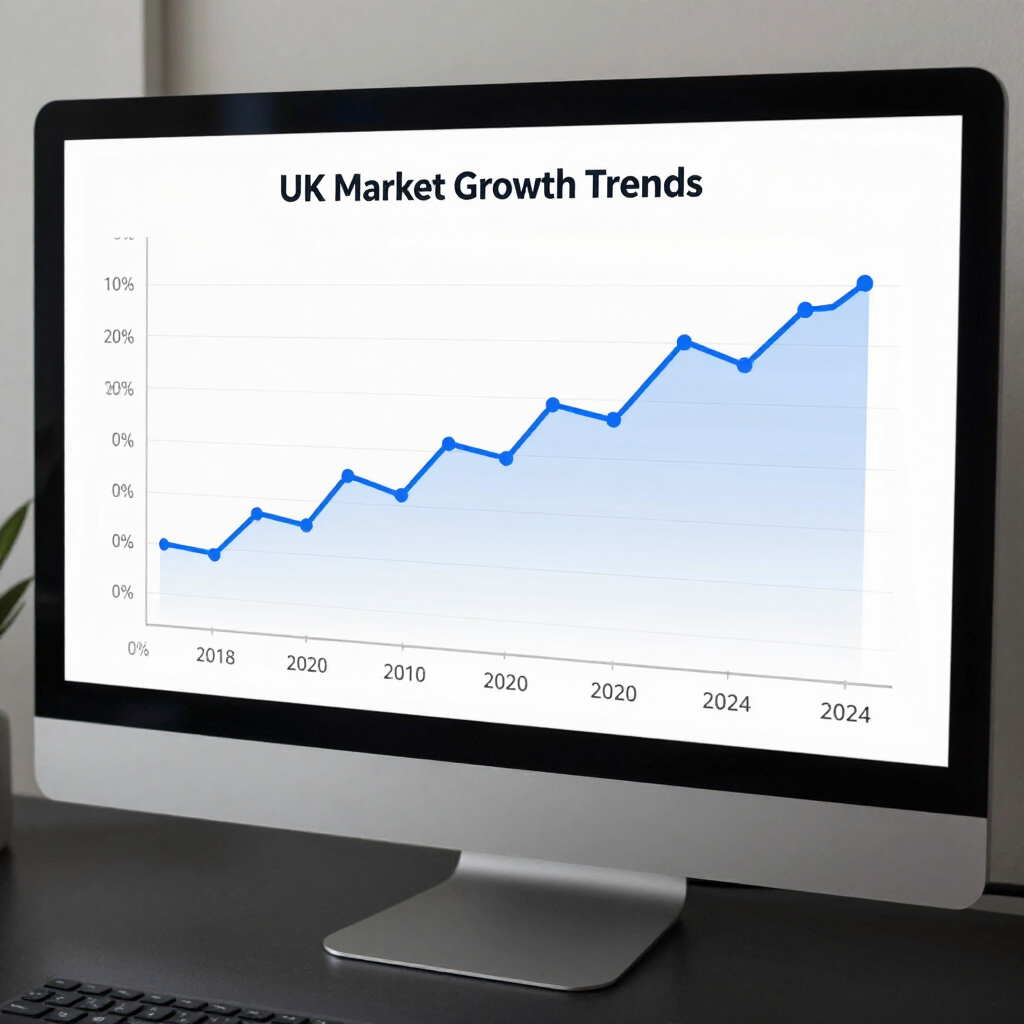 Monitor showing a blue upward line chart titled “UK Market Growth Trends”