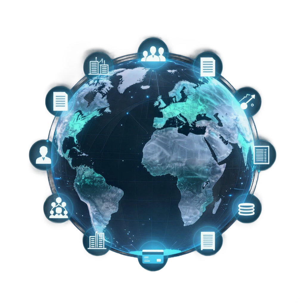Blue digital globe with network icons around it, showing global connectivity and data exchange