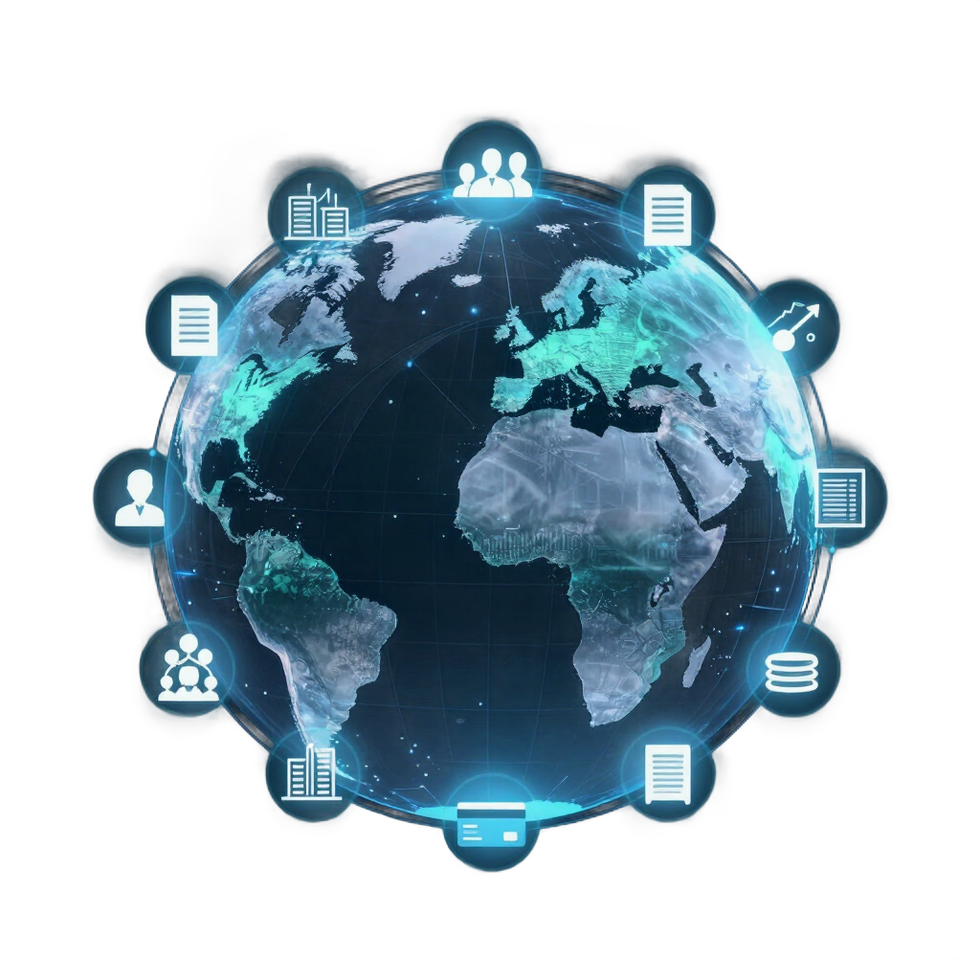 Blue digital globe with network icons around it, showing global connectivity and data exchange