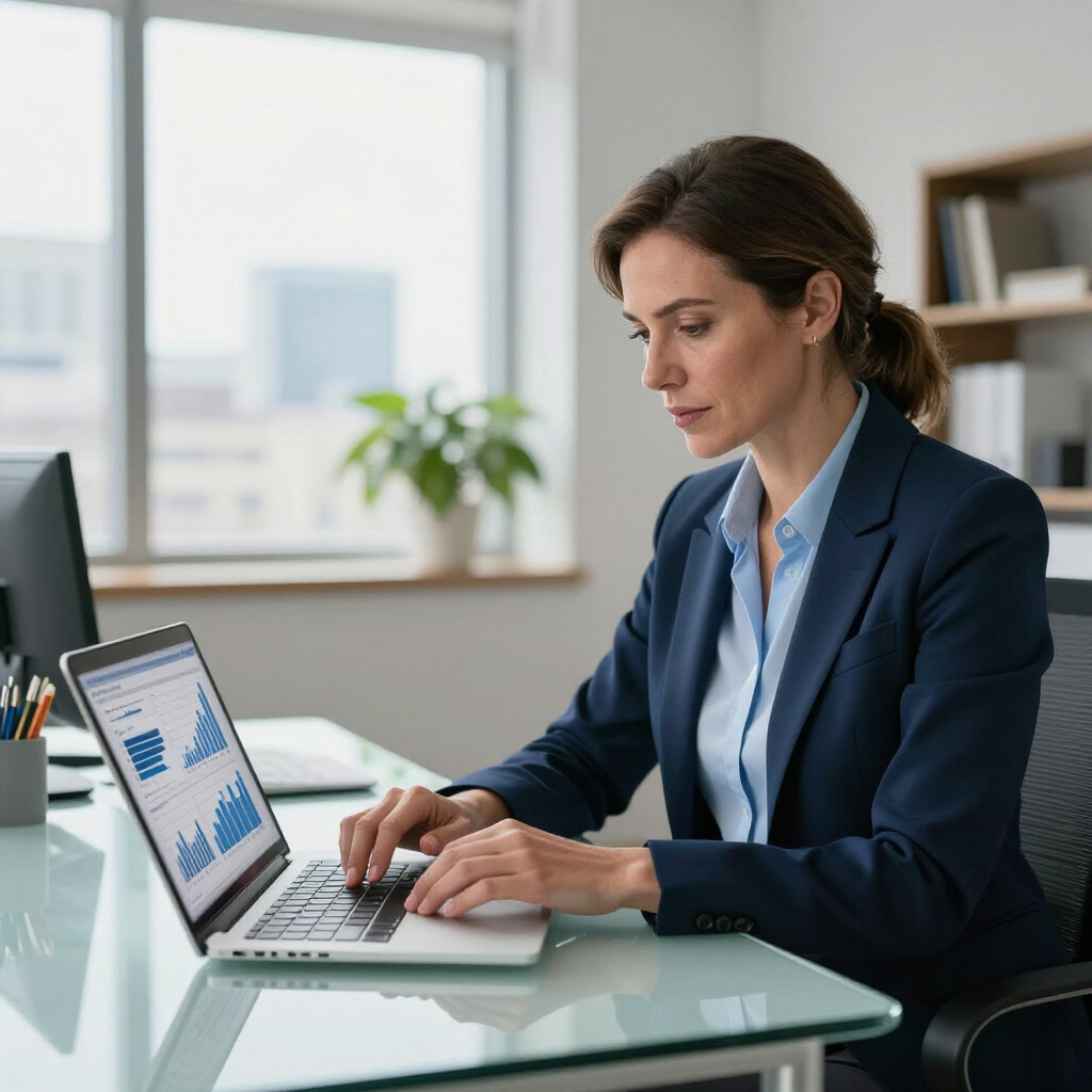 Woman in a blue blazer typing on a laptop at a glass desk in a bright office
