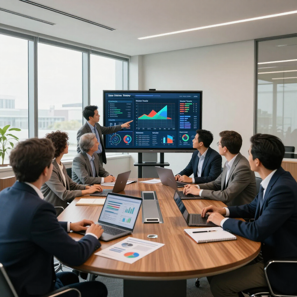 Business meeting in a conference room, team reviewing analytics on a large screen and laptops