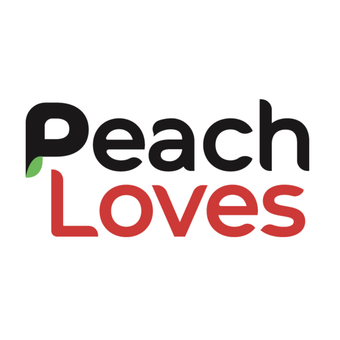 Peach Loves logo in black and red with a small green leaf accent
