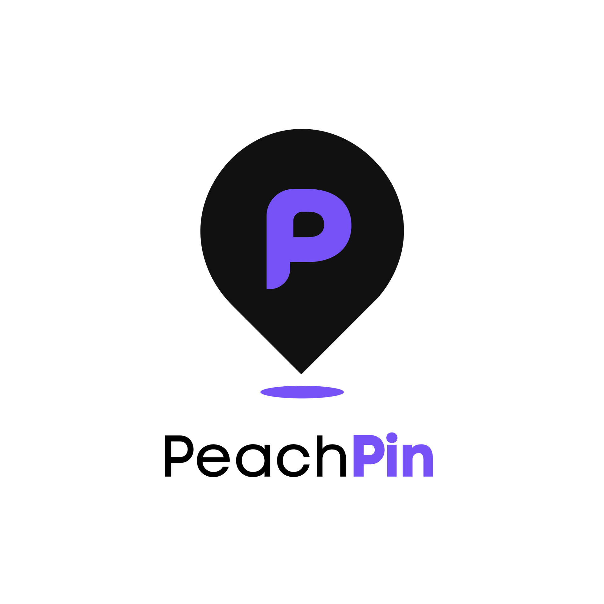 PeachPin logo with a black map pin and purple “P” above the wordmark on a white background