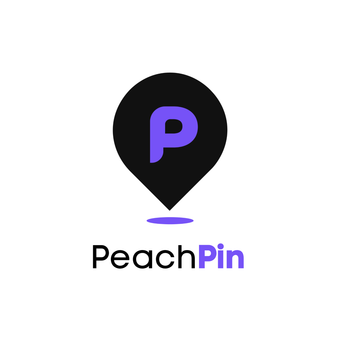PeachPin logo with a black map pin and purple “P” above the wordmark on a white background