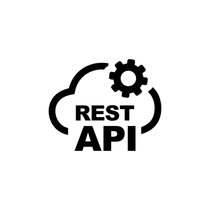 Black REST API text with a cloud and gear icon above it