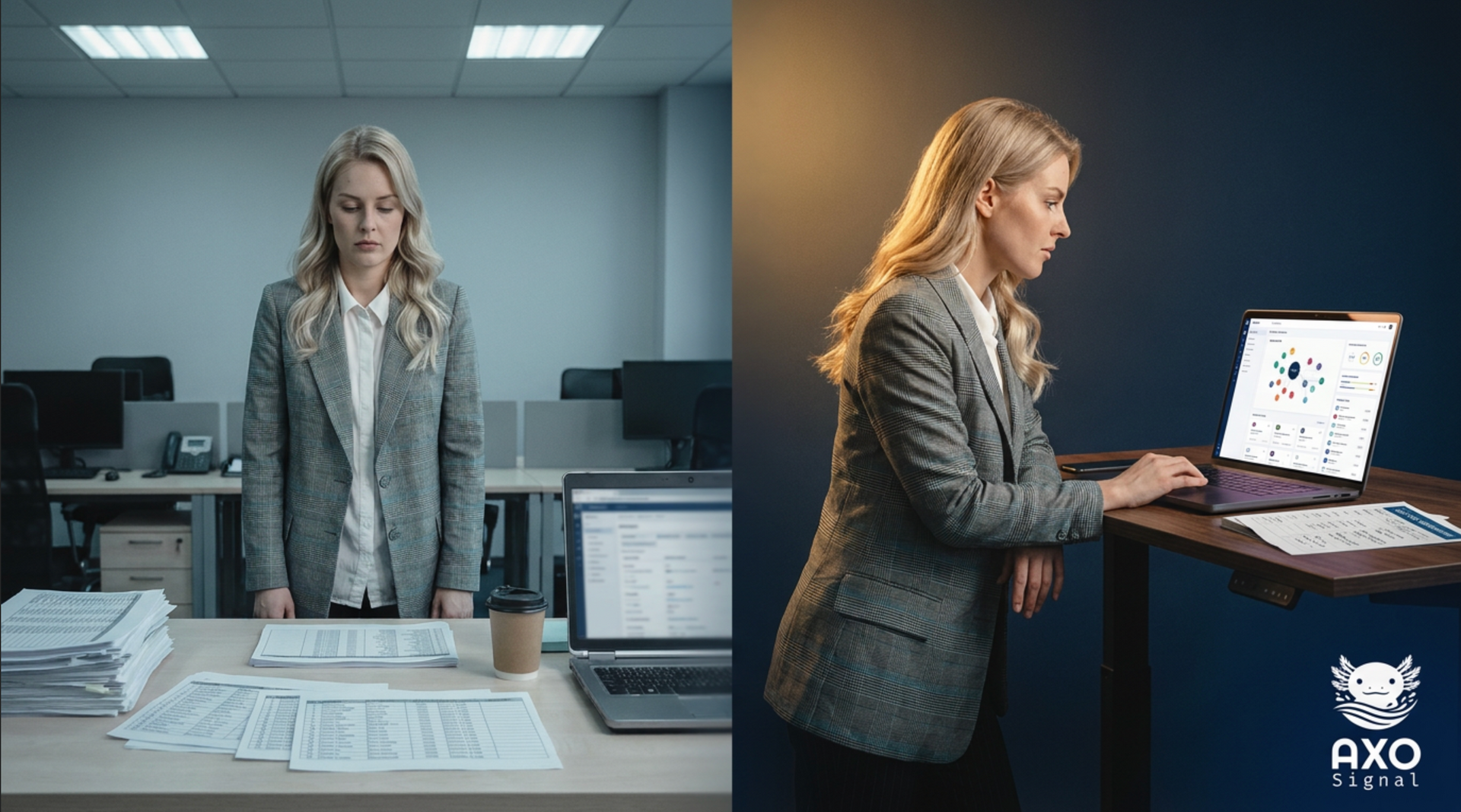 Woman in gray blazer standing in an office, viewing a laptop beside a desk with papers and monitors.