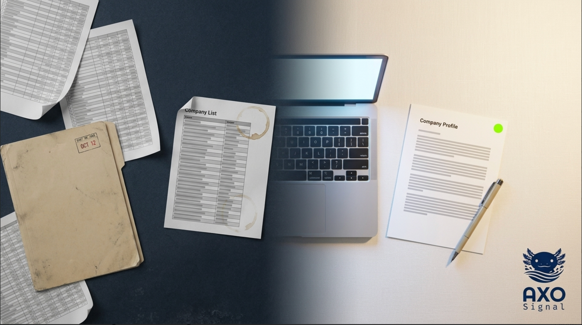 Overhead view of a laptop surrounded by papers, notebook, and pencil on a desk