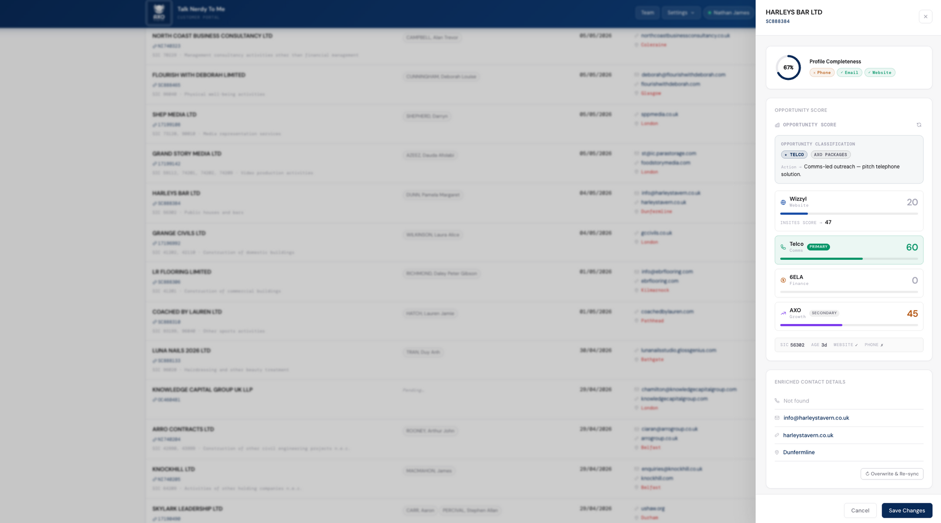 Web app dashboard showing a list view with a right-side details panel and status metrics.