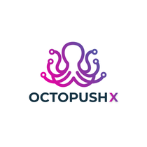 OctopusX logo: purple-pink octopus icon above dark blue and magenta text