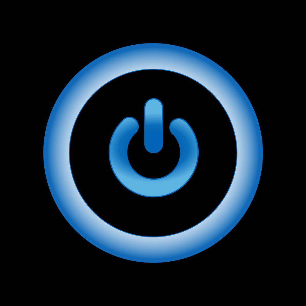 Blue power button icon on a black background, with a glowing circular ring.