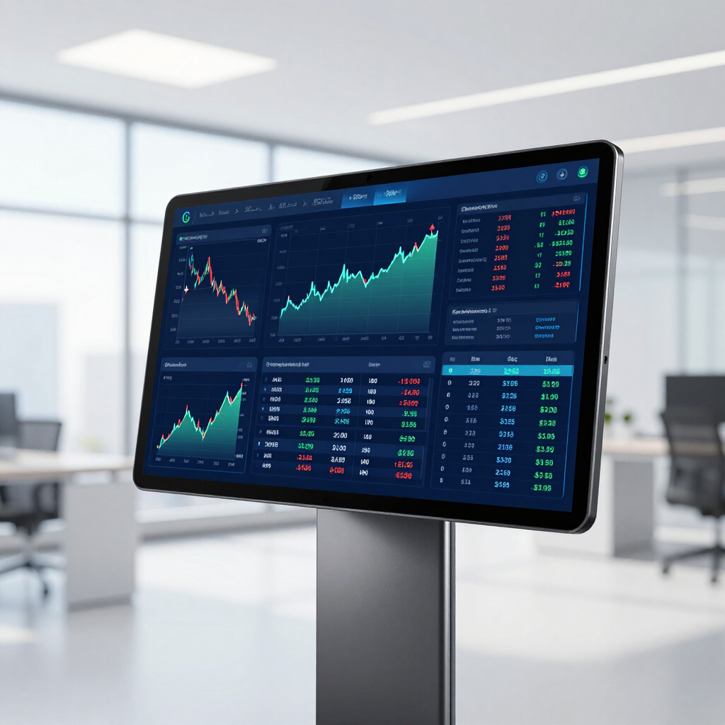 Trading dashboard on a monitor with green and red stock charts in a bright office