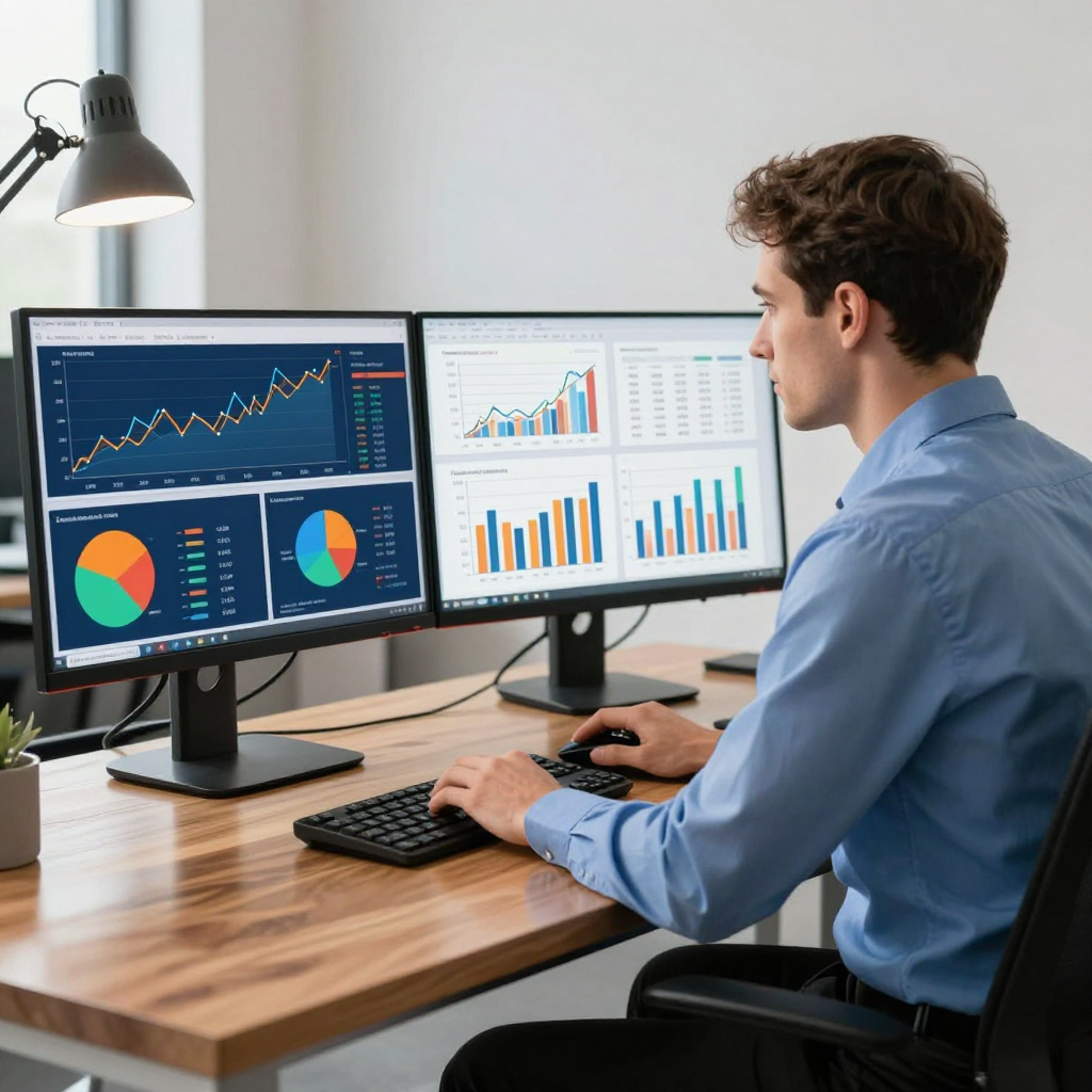 Person analyzing charts on dual computer monitors at a desk in a bright office