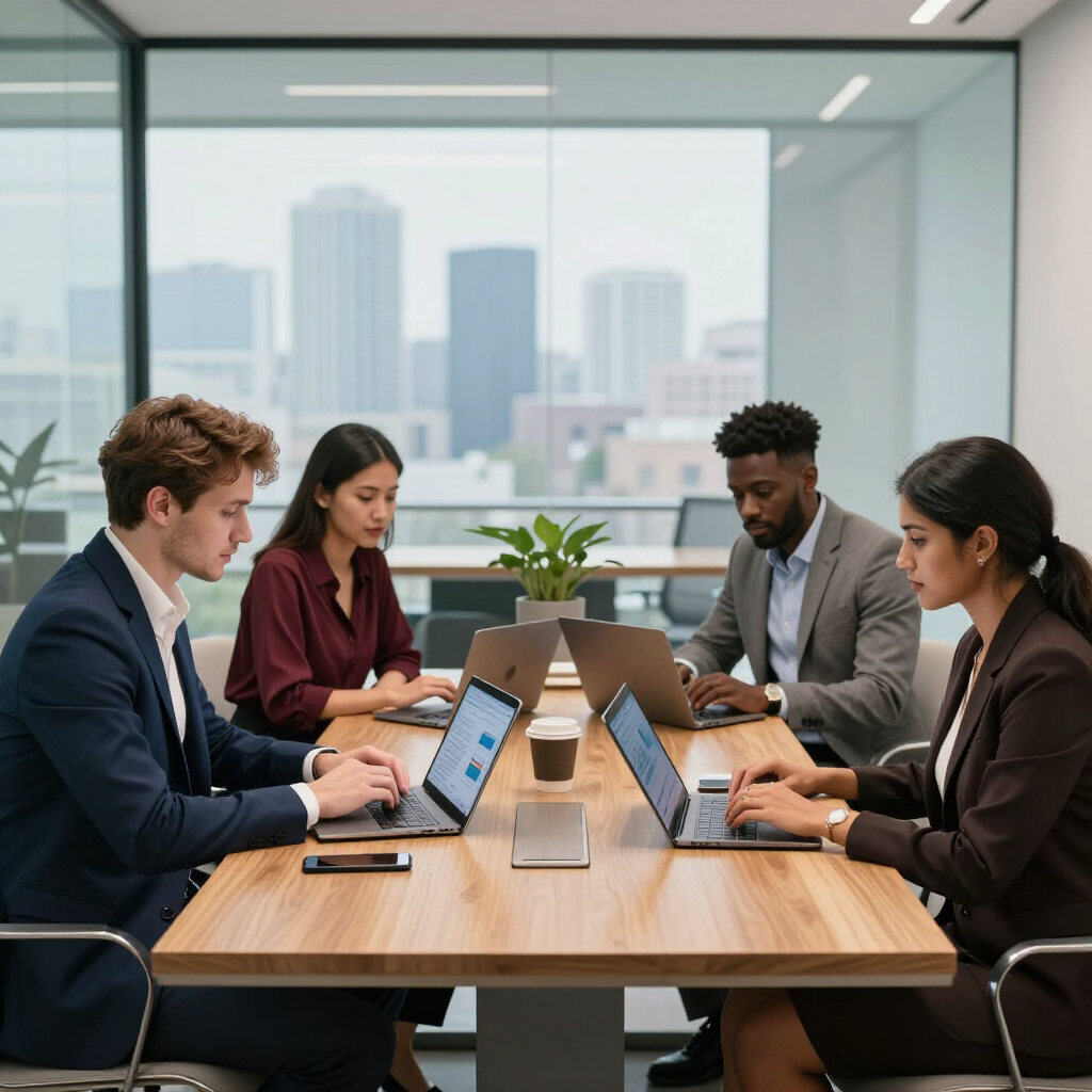 Four coworkers in a modern conference room, working on laptops around a wooden table with a city view.