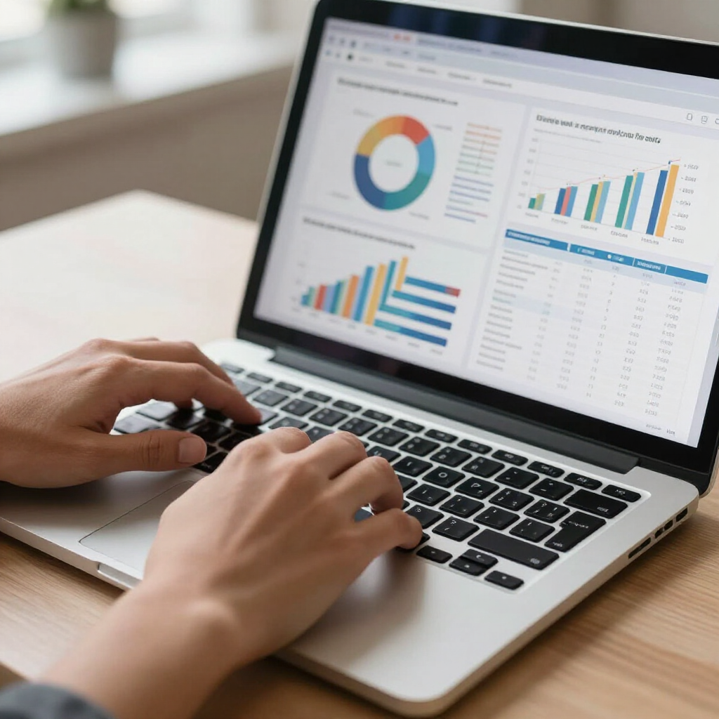 Hands typing on a laptop showing colorful business charts and analytics dashboards