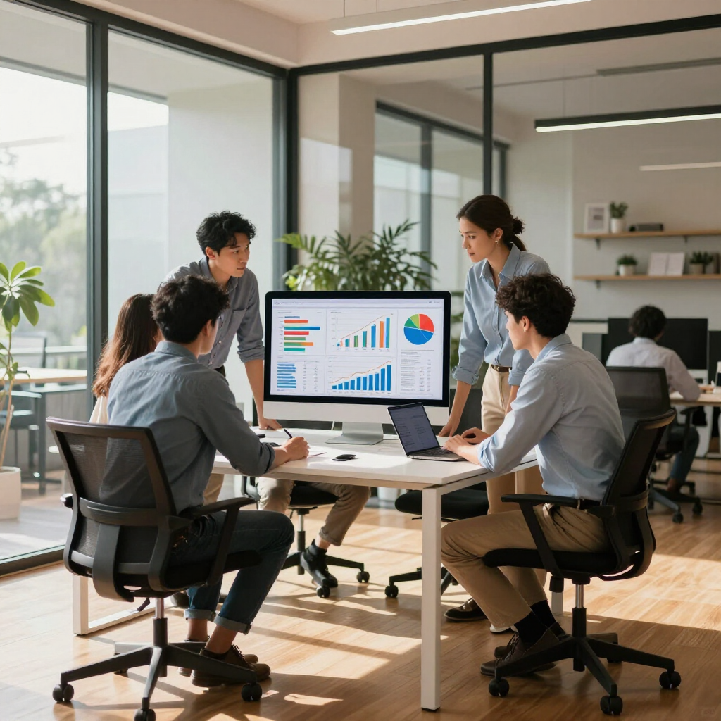 Team meeting in a bright office, discussing charts on a large monitor around a conference table.