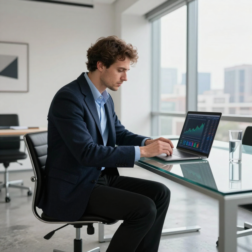 Man in a navy suit using a laptop at a glass desk in a bright office with a city view.