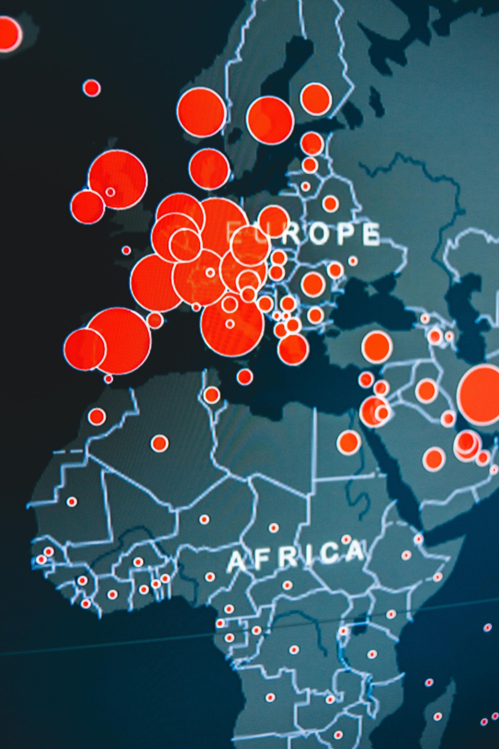 Map of Europe and Africa with many red-orange circles of varying sizes marking locations.