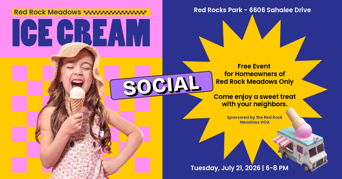 Promotional poster for “Ice Cream Social” with girl holding ice cream, bright pink and blue design, July 21 event details
