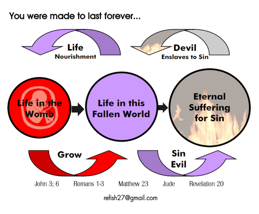 Diagram showing life stages: life in the womb, life in fallen world, and eternal suffering for sin, with related verses.