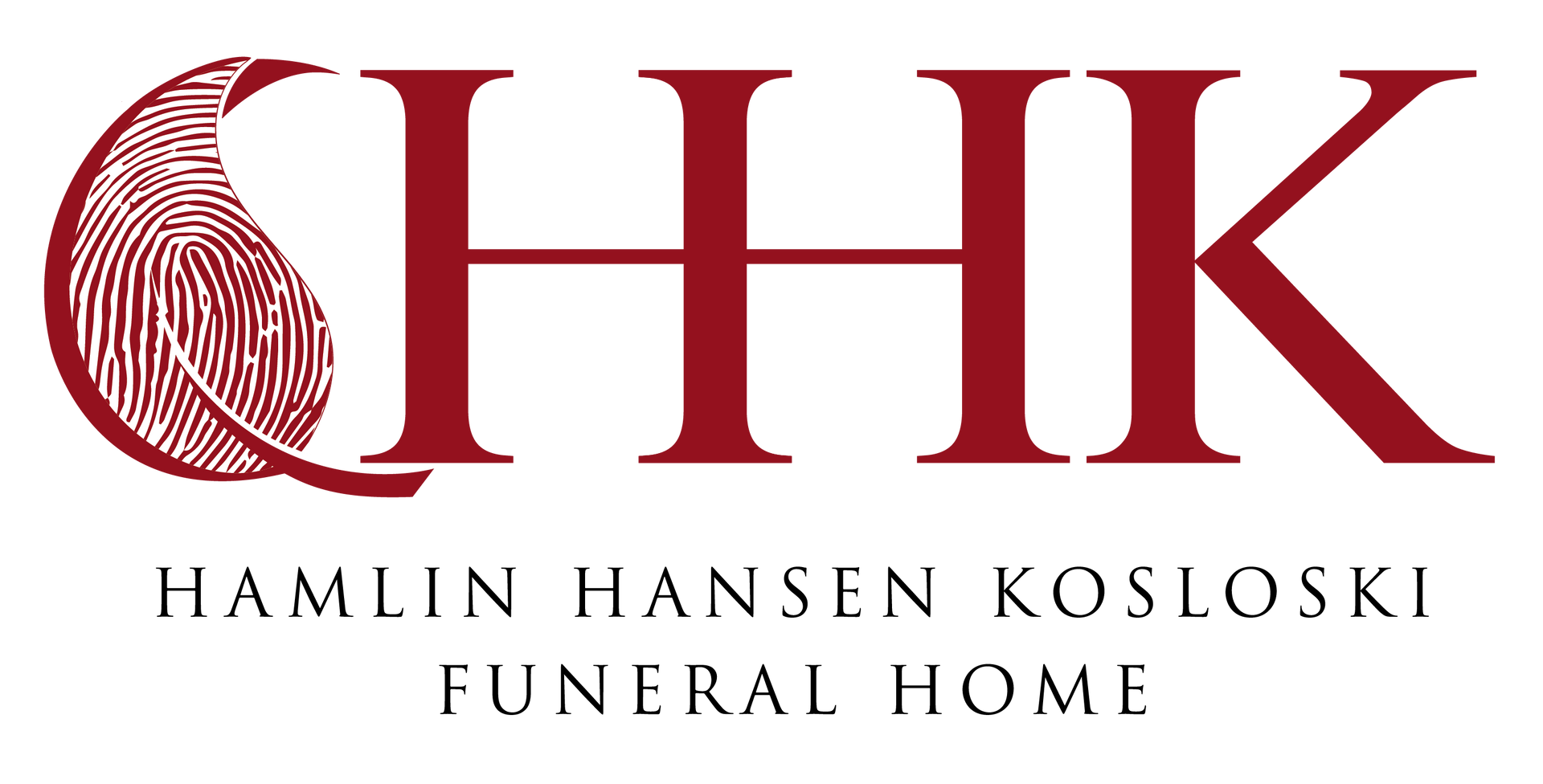 A red logo for Hamlin Hansen Kosloski Funeral Home, featuring a stylized fingerprint inside a letter Q next to HK.