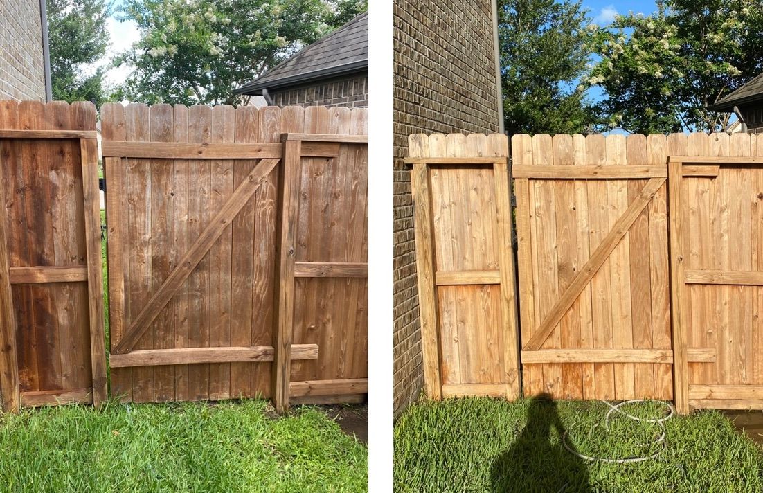 Before-and-after view of a wooden fence: dark stained left, freshly natural wood right.