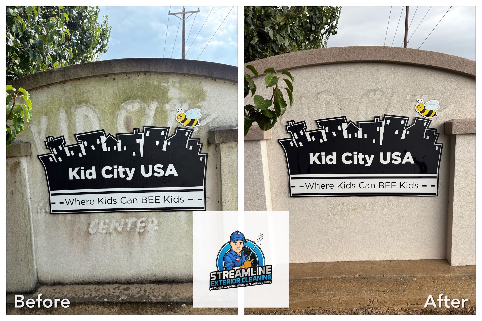 Before-and-after view of Kid City USA entrance sign, showing a cleaner, brighter sign and wall.