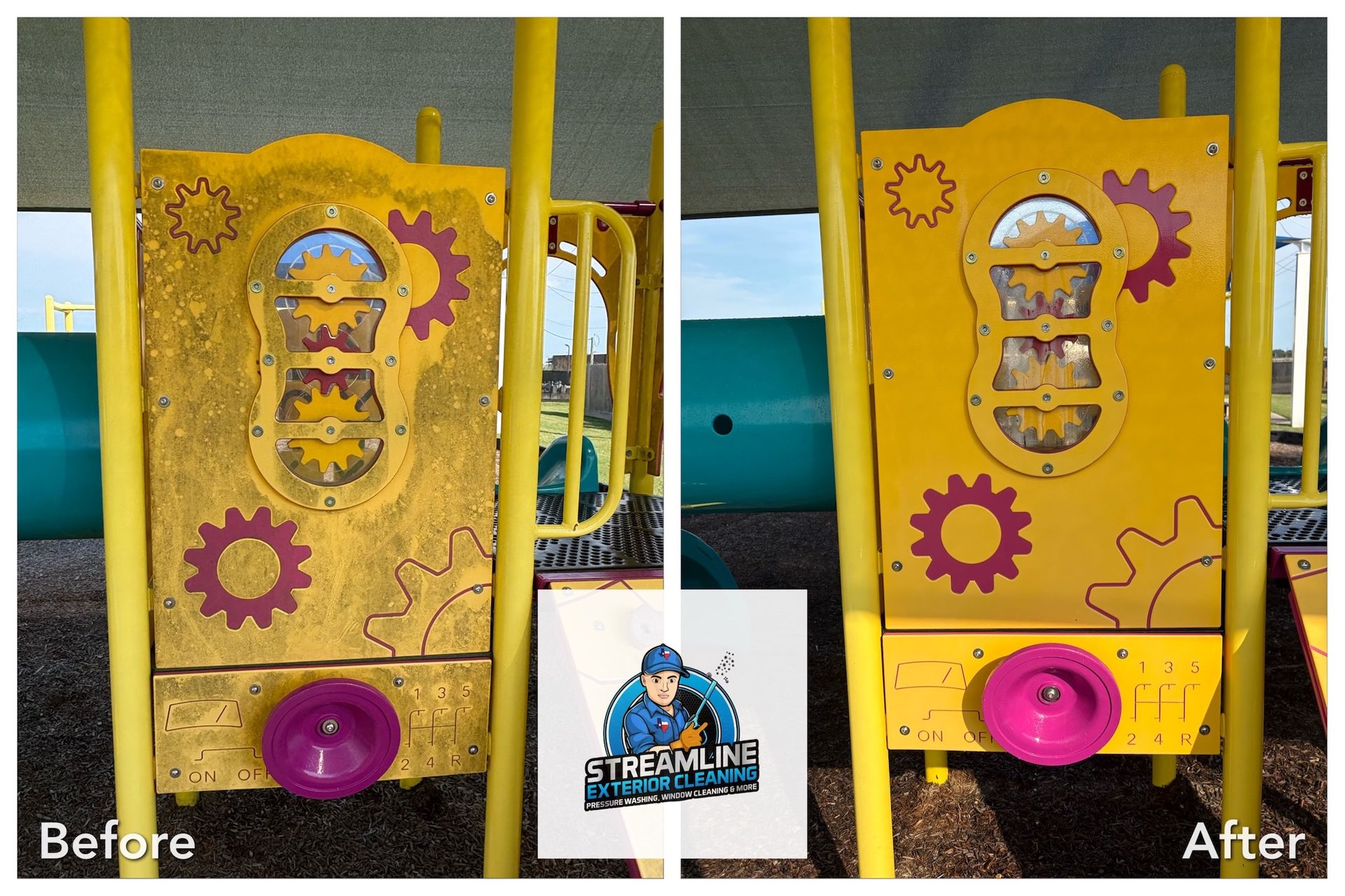 Before-and-after of a yellow play panel, showing cleaner paint and a brighter pink wheel on the right.