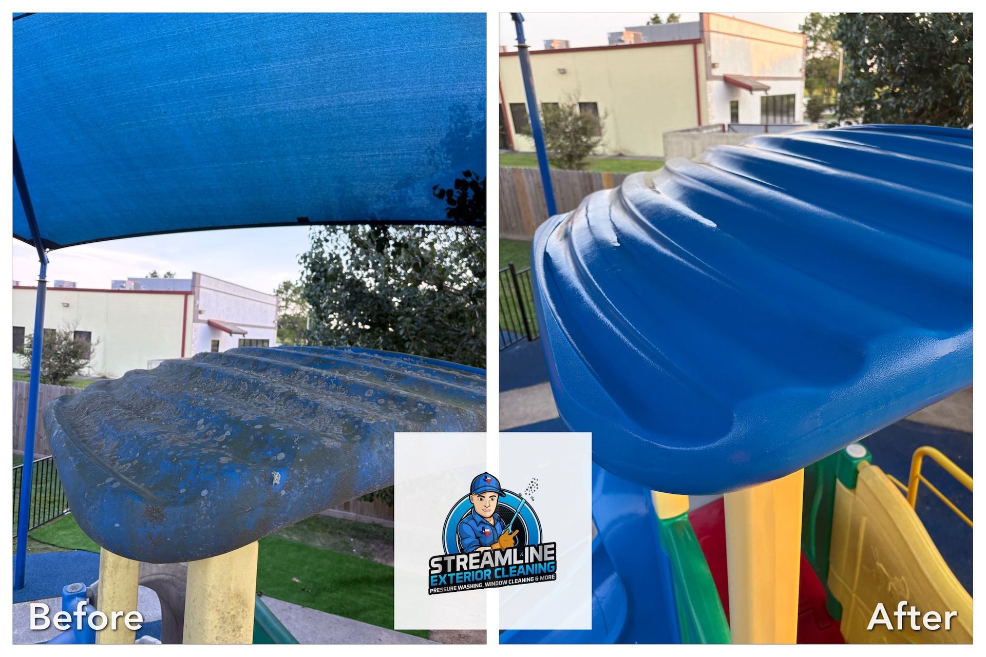 Before-and-after of a blue playground slide being cleaned, with dirt on the left and a shiny surface on the right.