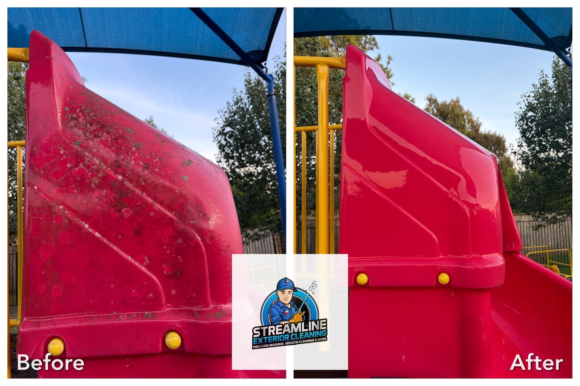 Before-and-after of a pink playground slide, showing a cleaner, glossy surface after washing.