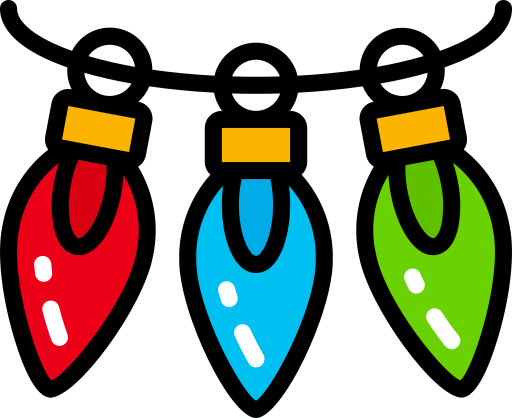 Three colorful hanging Christmas lights: red, blue, and green bulbs on a black wire.