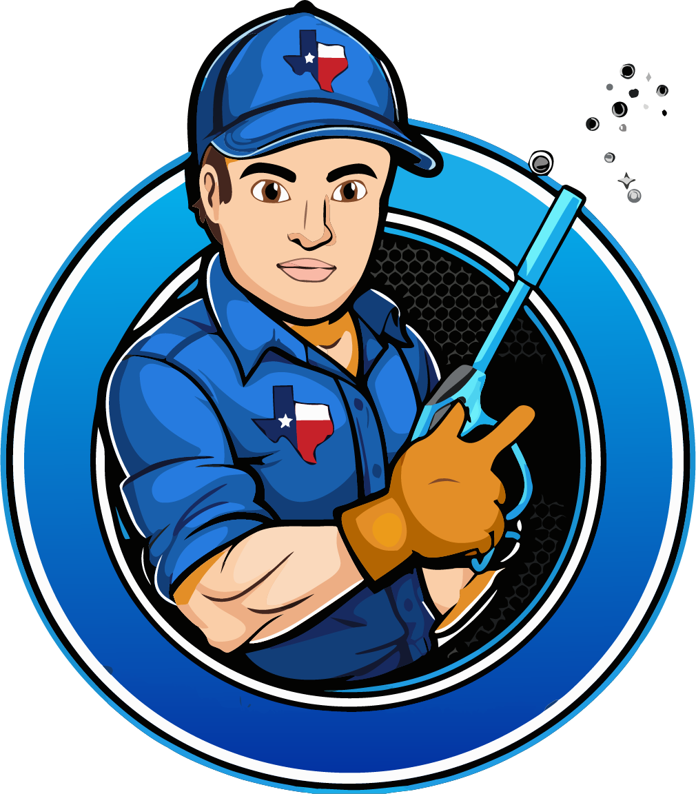 Blue-uniformed plumber with wrench inside a blue circular logo, with water droplets
