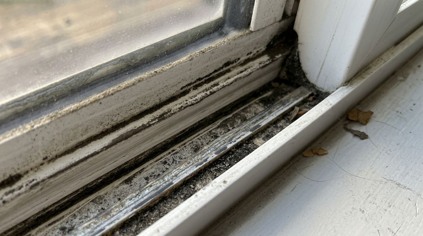 Dirty, moldy window track and sill with peeling paint and debris
